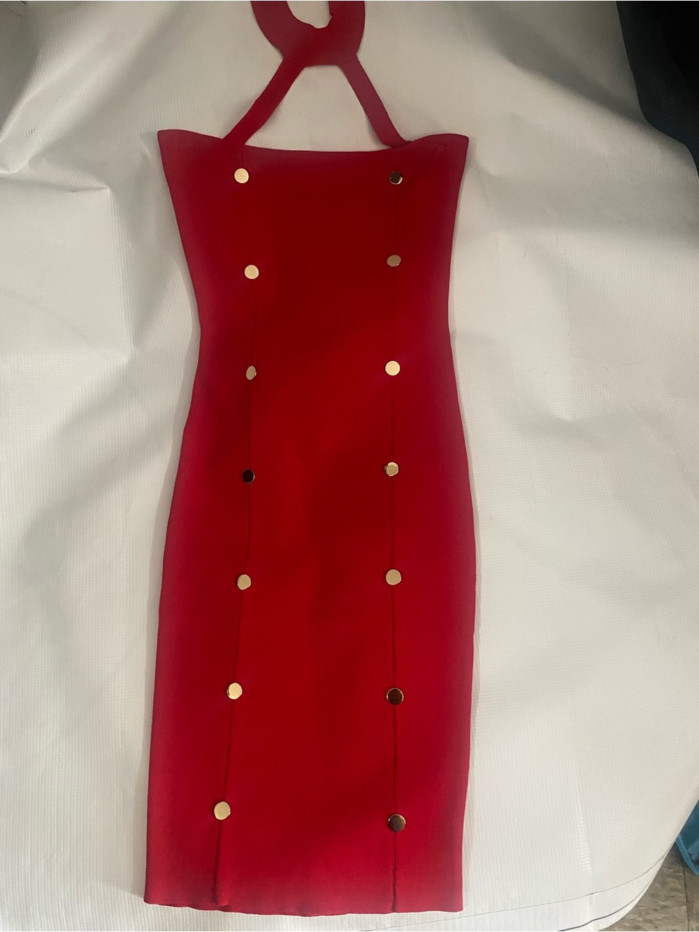 Red Halter Midi Dress with Gold Studs